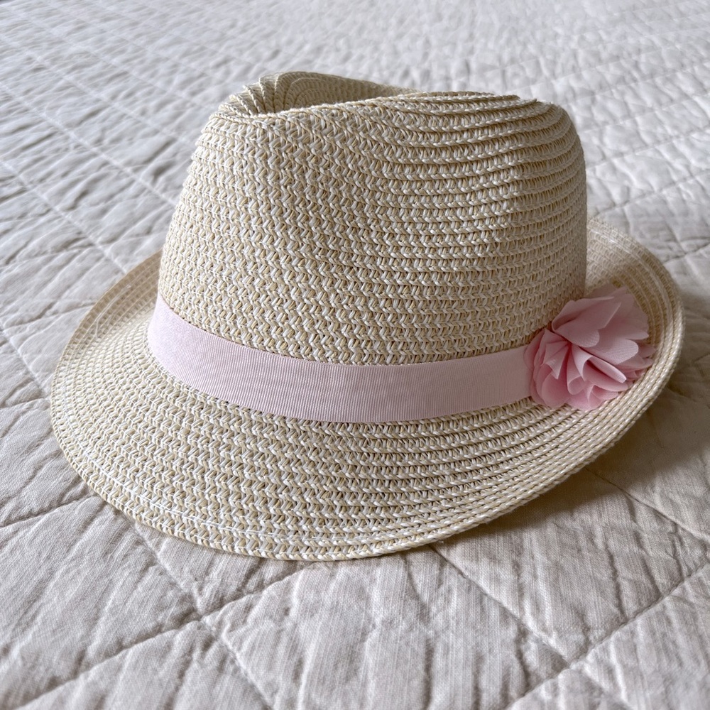 Vanilla Straw Panama Hat with Pink Flower